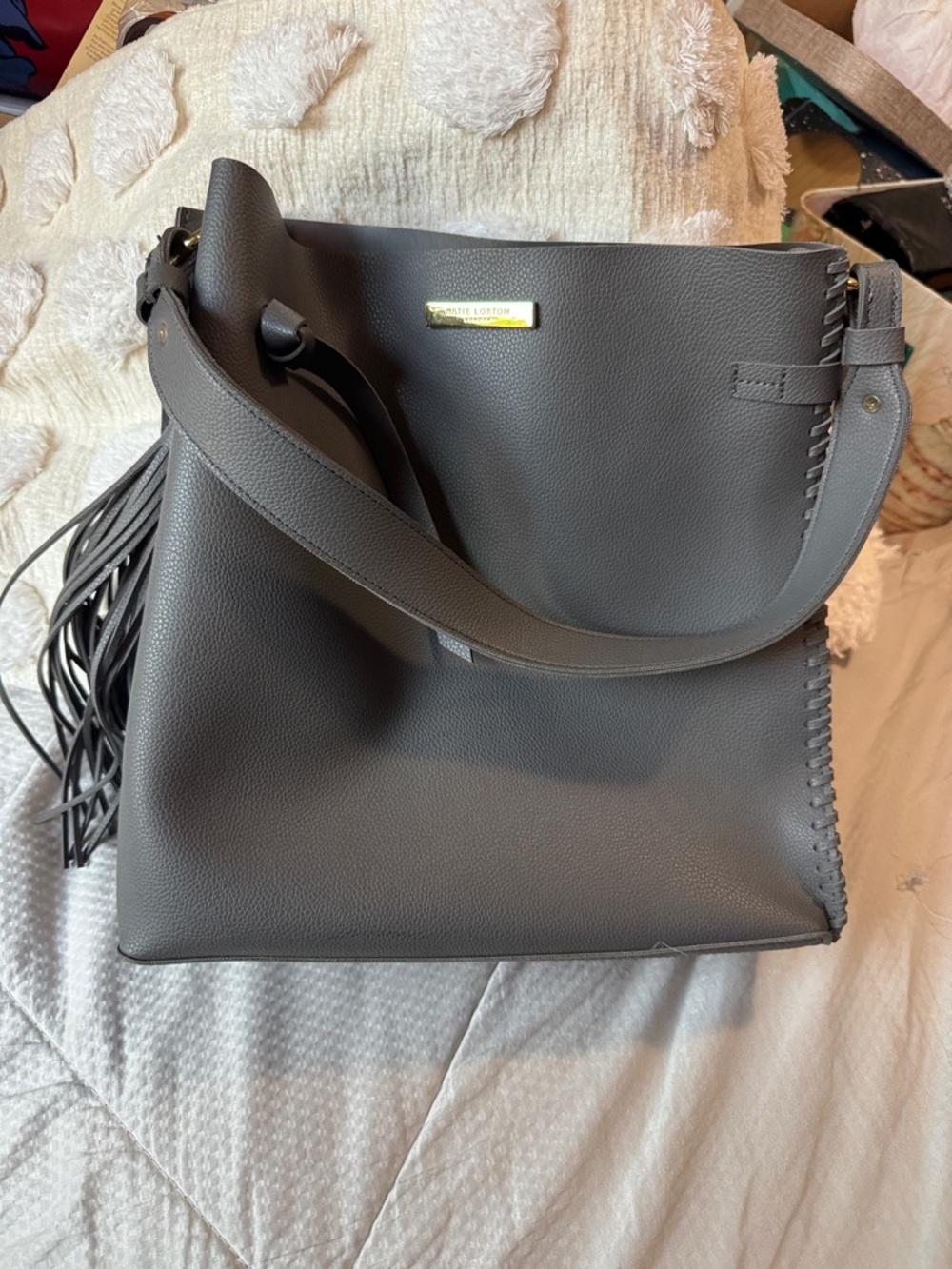 Katie Loxton London Grey Pebbled Leather-Effect Shoulder Bag with Fringe and